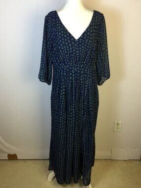 Eshakti Custom Maxi Dress Size M Womans Navy Blue Polka Dot V-neck 3/4 Sleeves